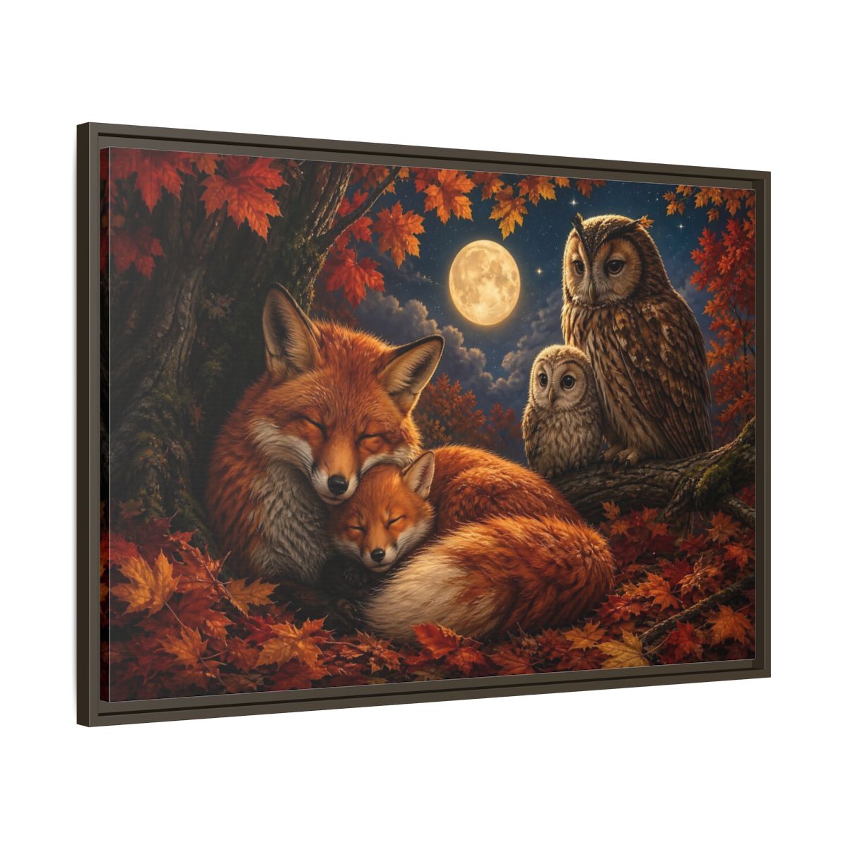 Nature Foxes Owls Autumn Framed Canvas Wall Art Print – Realistic Living Room, Above Sofa - YesArtYes