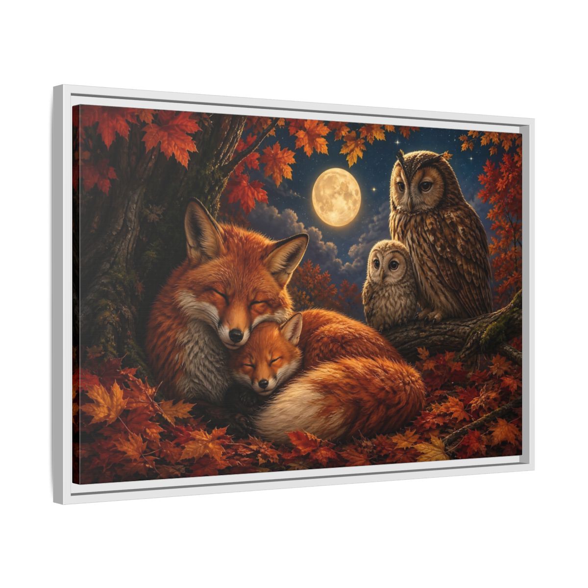 Side Mockup 10. Nature Foxes Owls Autumn Fox Owl shown as stretched canvas wall art