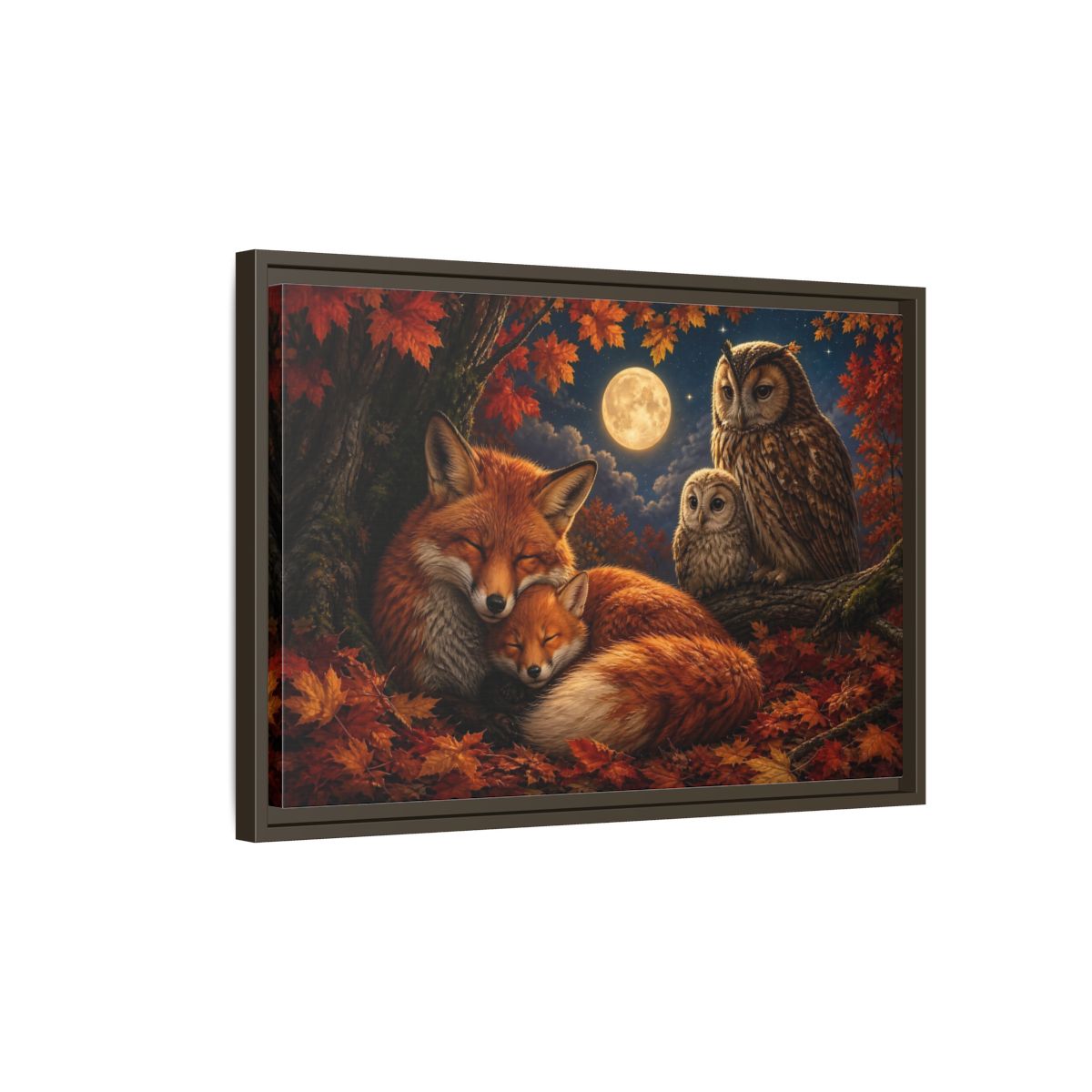Side Mockup 2. Nature Foxes Owls Autumn Fox Owl shown as stretched canvas wall art