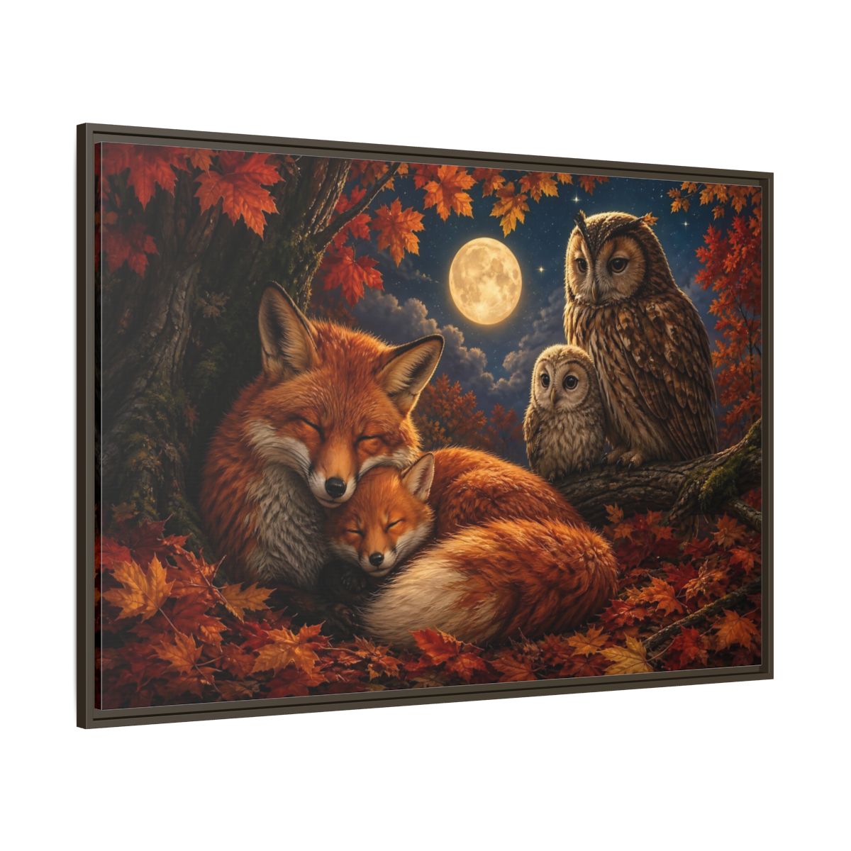 Side Mockup 8. Nature Foxes Owls Autumn Fox Owl shown as stretched canvas wall art