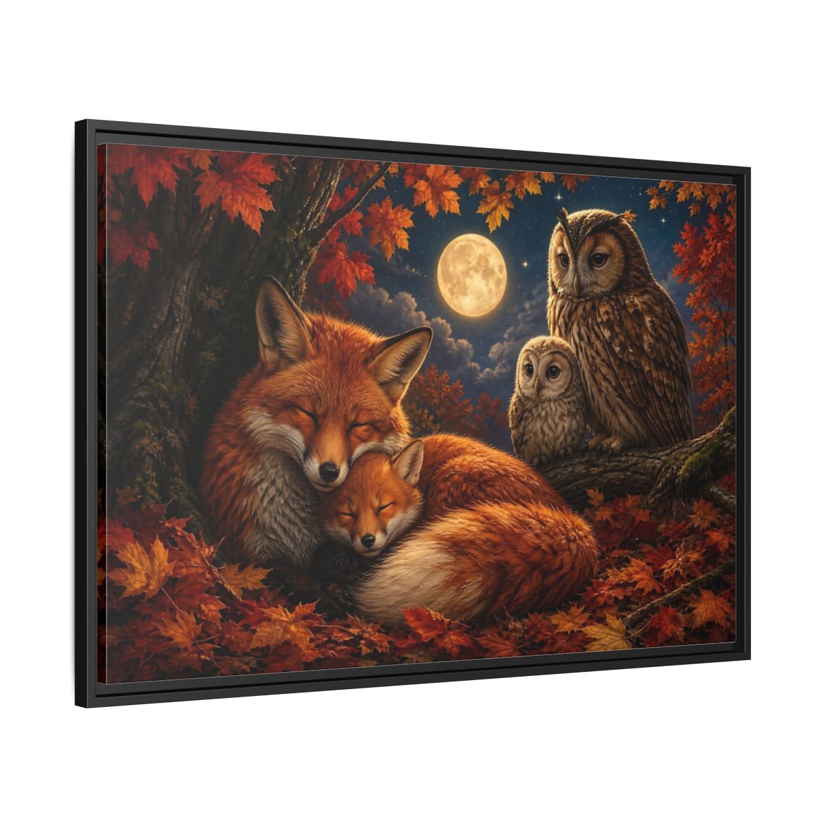 Side Mockup 13. Nature Foxes Owls Autumn Fox Owl shown as stretched canvas wall art