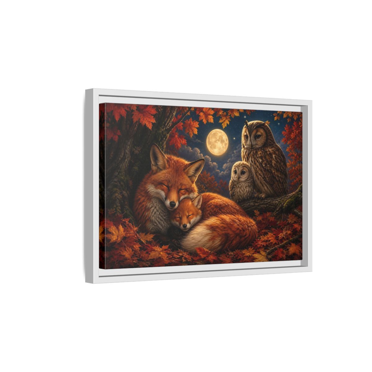 Side Mockup 4. Nature Foxes Owls Autumn Fox Owl shown as stretched canvas wall art