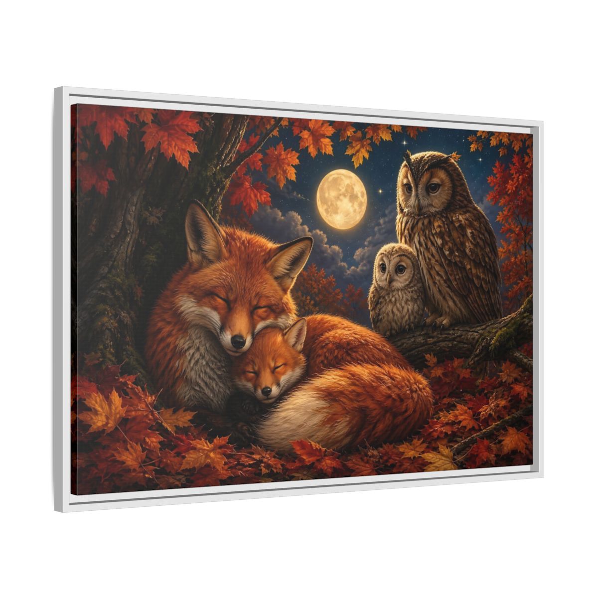 Side Mockup 9. Nature Foxes Owls Autumn Fox Owl shown as stretched canvas wall art
