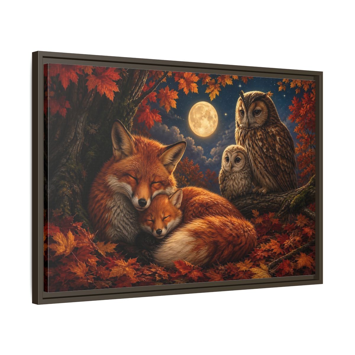 Side Mockup 11. Nature Foxes Owls Autumn Fox Owl shown as stretched canvas wall art