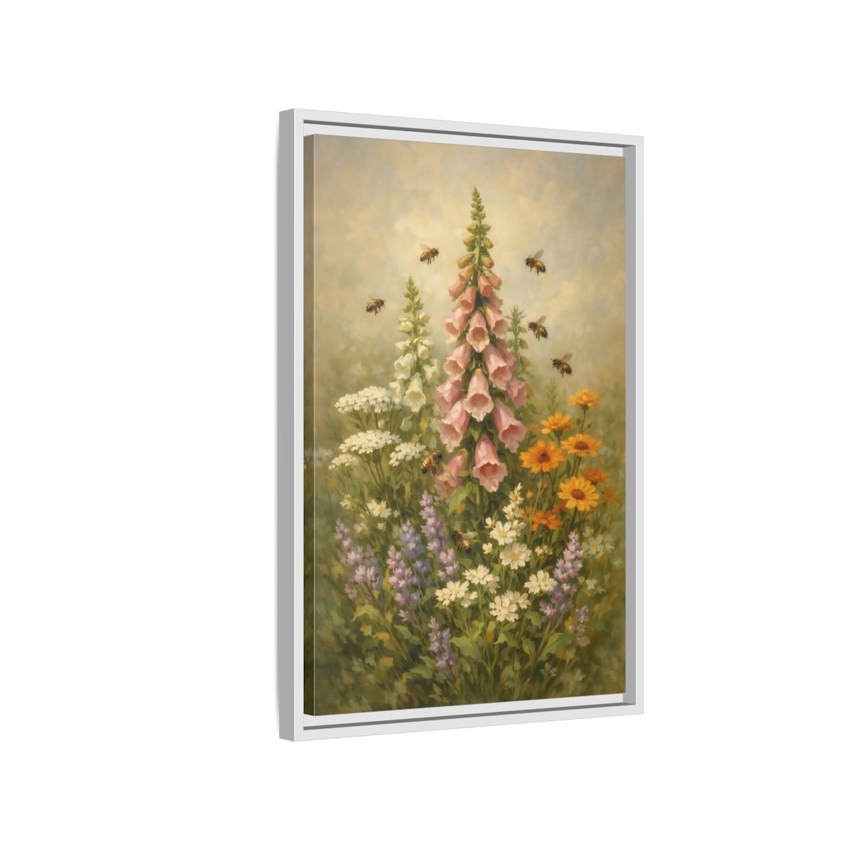 Side Mockup 1. Nature Foxglove, Bees Pink And Green Floral shown as stretched canvas wall art