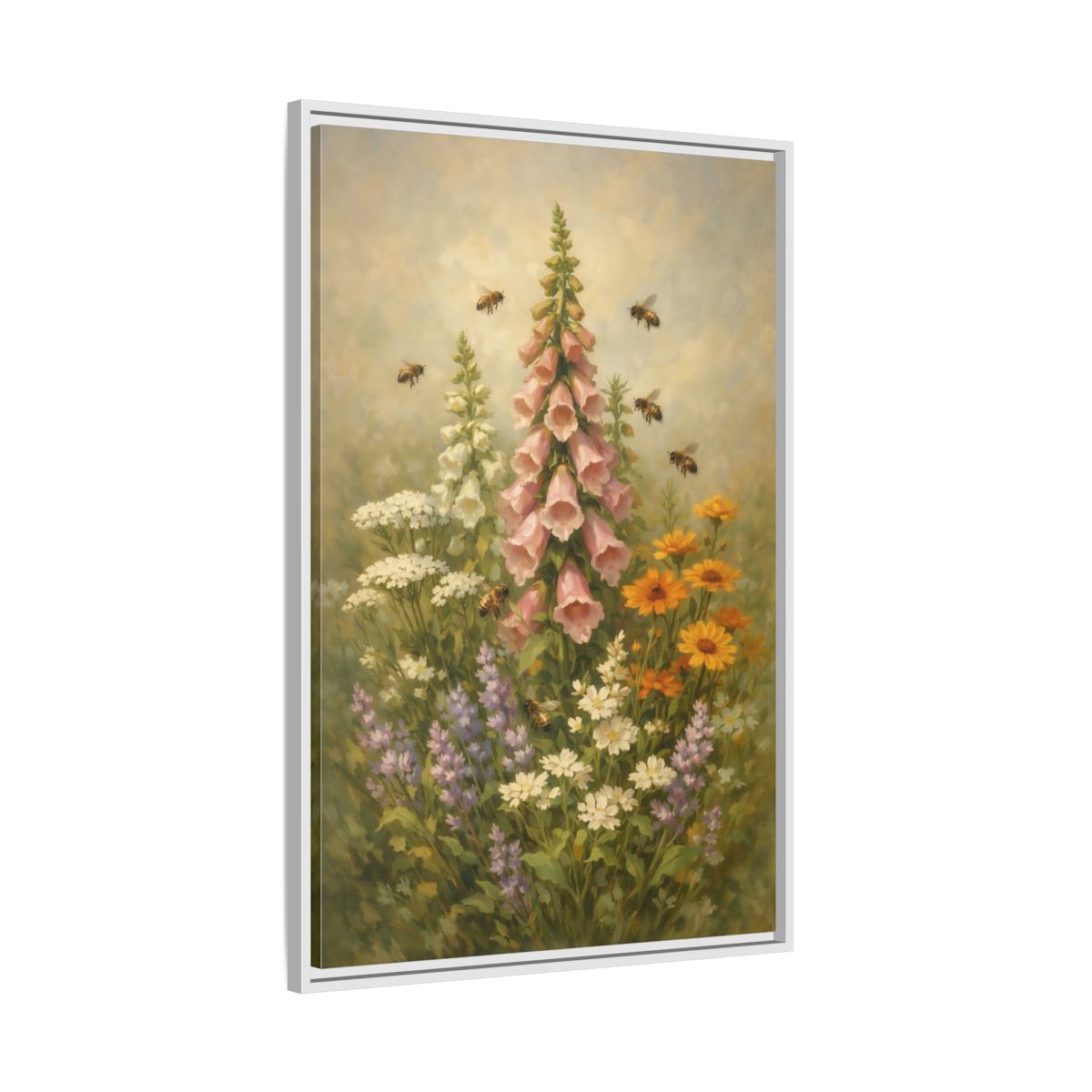 Side Mockup 9. Nature Foxglove, Bees Pink And Green Floral shown as stretched canvas wall art