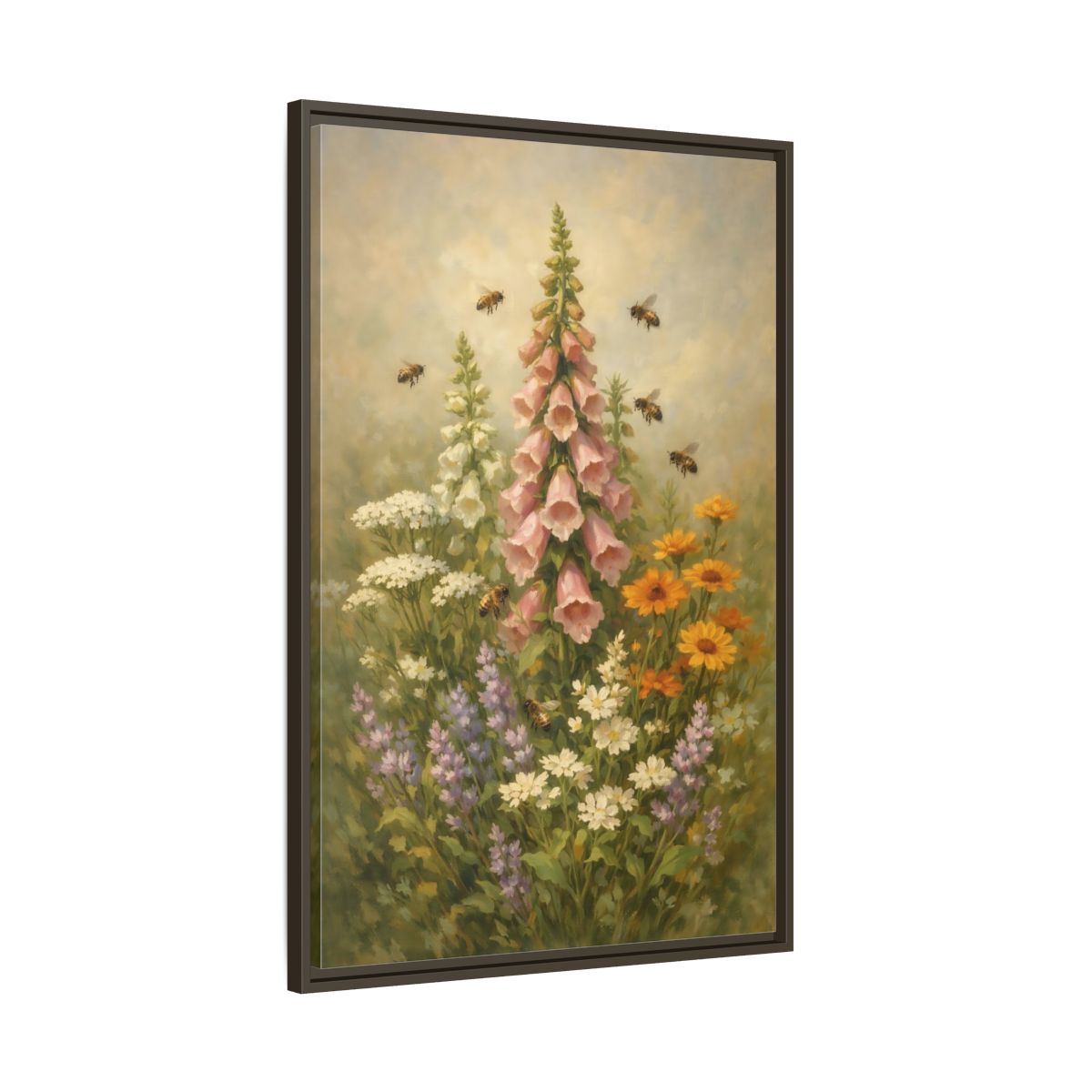 Side Mockup 10. Nature Foxglove, Bees Pink And Green Floral shown as stretched canvas wall art