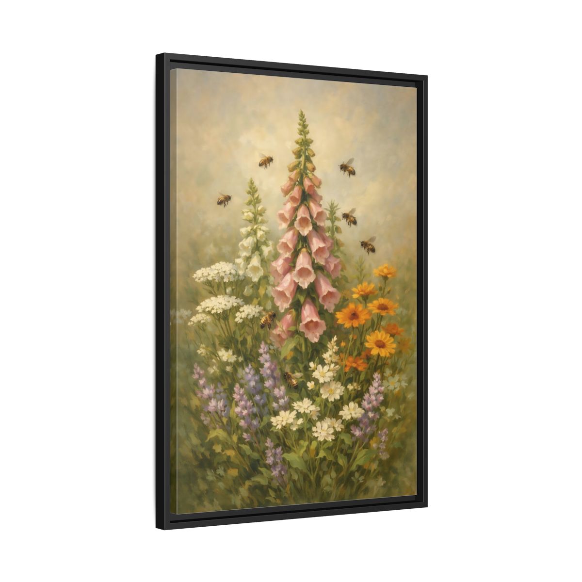 Side Mockup 14. Nature Foxglove, Bees Pink And Green Floral shown as stretched canvas wall art