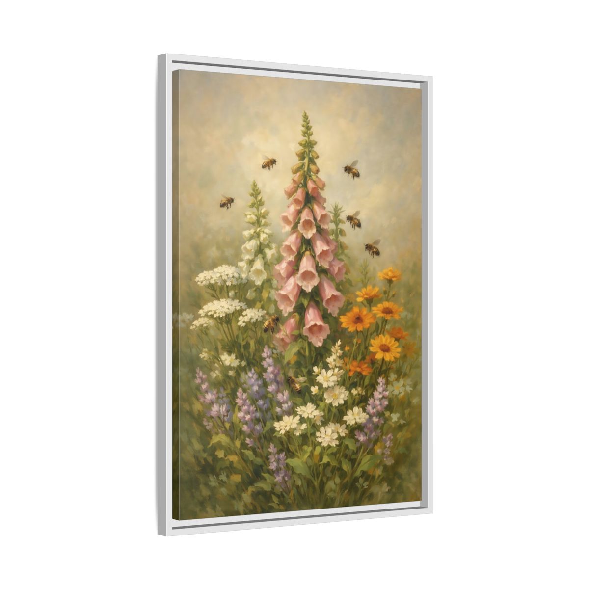 Side Mockup 11. Nature Foxglove, Bees Pink And Green Floral shown as stretched canvas wall art