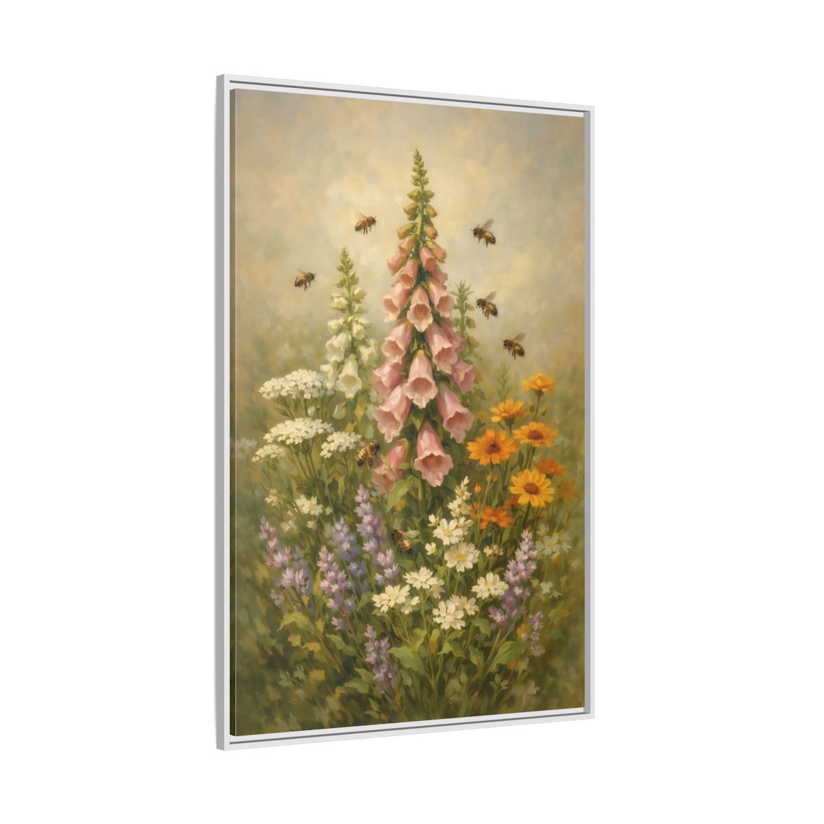 Side Mockup 7. Nature Foxglove, Bees Pink And Green Floral shown as stretched canvas wall art
