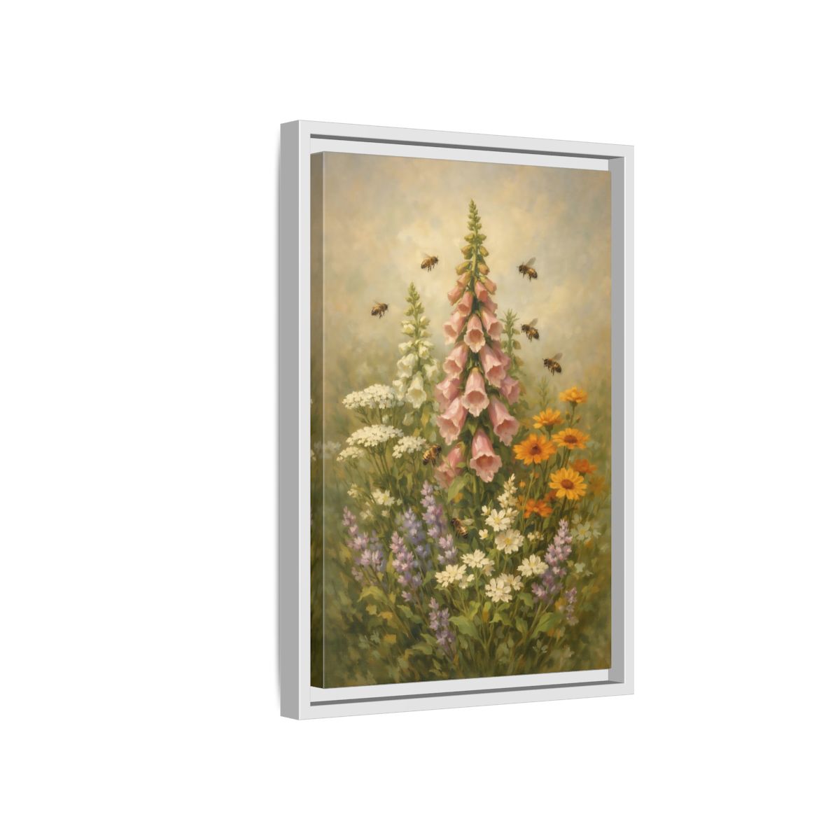 Side Mockup 4. Nature Foxglove, Bees Pink And Green Floral shown as stretched canvas wall art