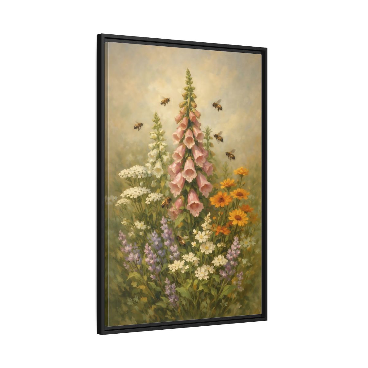 Side Mockup 13. Nature Foxglove, Bees Pink And Green Floral shown as stretched canvas wall art