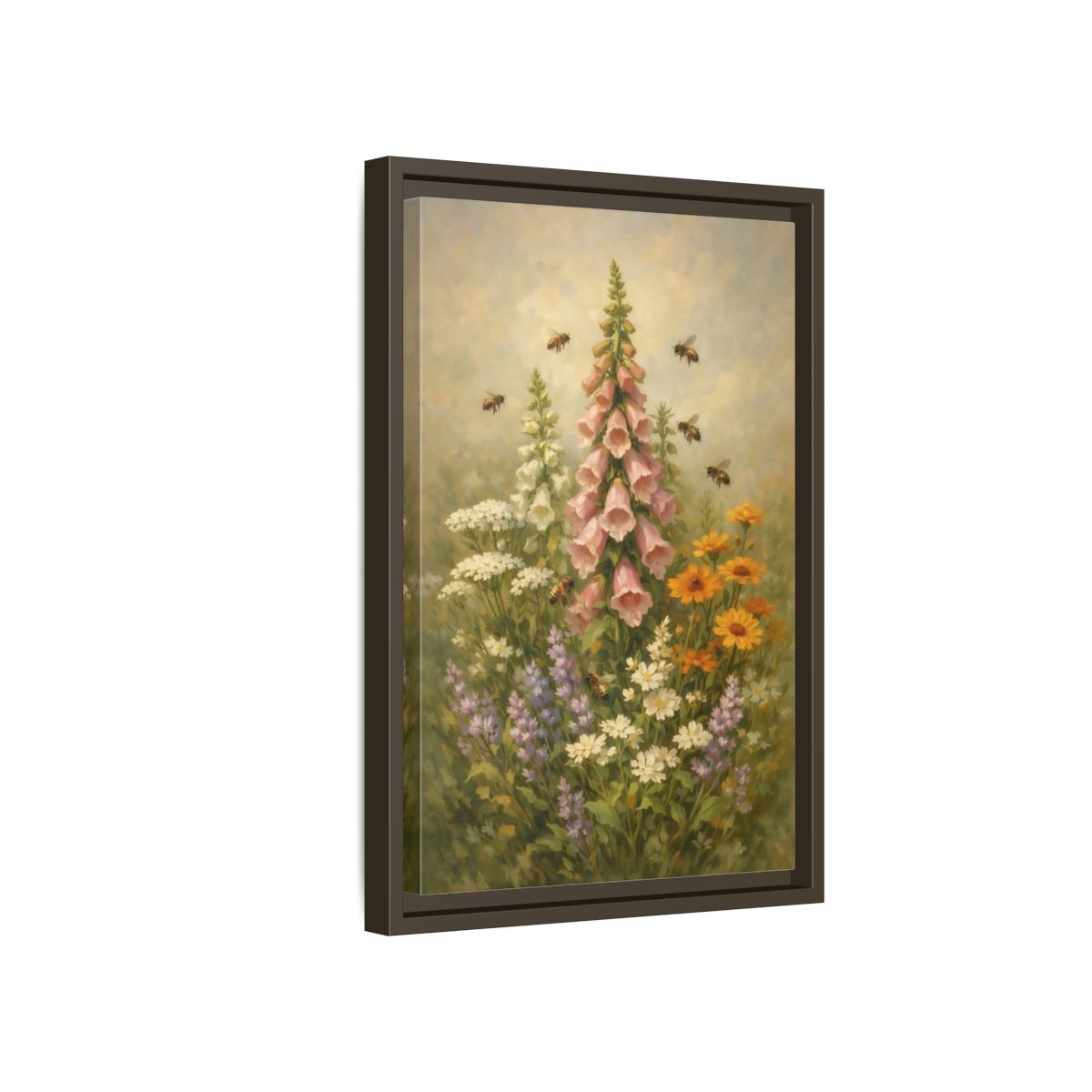 Side Mockup 5. Nature Foxglove, Bees Pink And Green Floral shown as stretched canvas wall art
