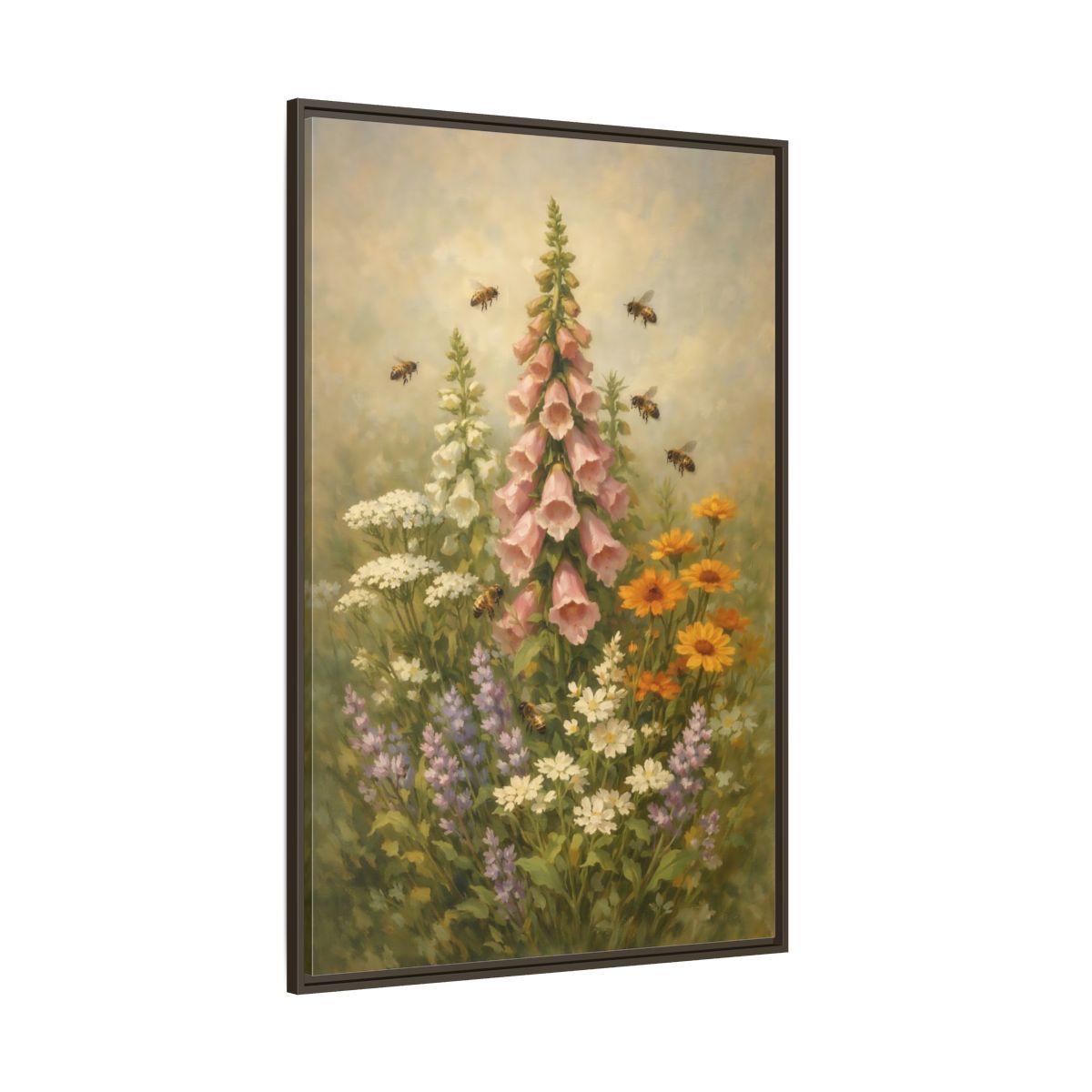 Side Mockup 8. Nature Foxglove, Bees Pink And Green Floral shown as stretched canvas wall art