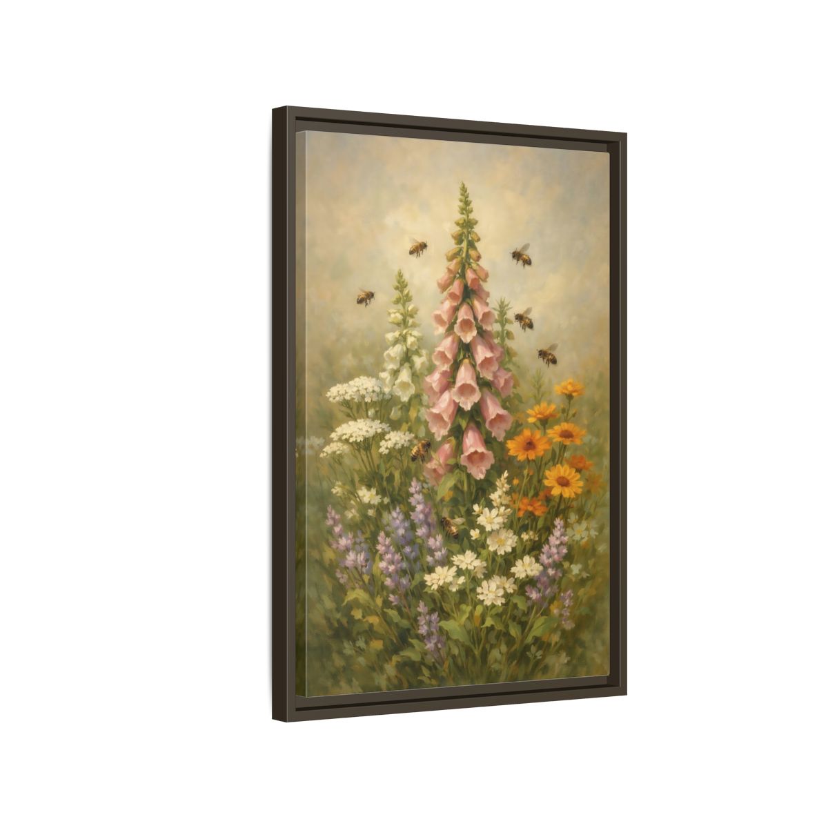 Side Mockup 2. Nature Foxglove, Bees Pink And Green Floral shown as stretched canvas wall art