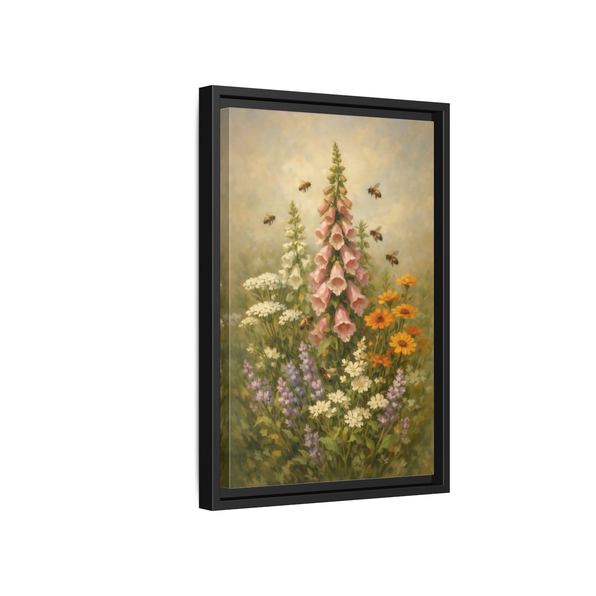 Side Mockup 6. Nature Foxglove, Bees Pink And Green Floral shown as stretched canvas wall art