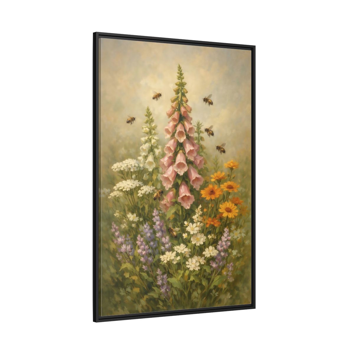 Main Mockup. Nature Foxglove, Bees Pink And Green Floral shown as stretched canvas wall art