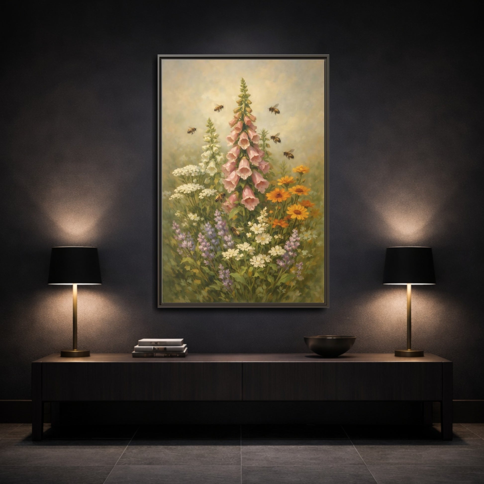 Mockup 2. Nature Foxglove, Bees Pink And Green Floral shown as stretched canvas wall art