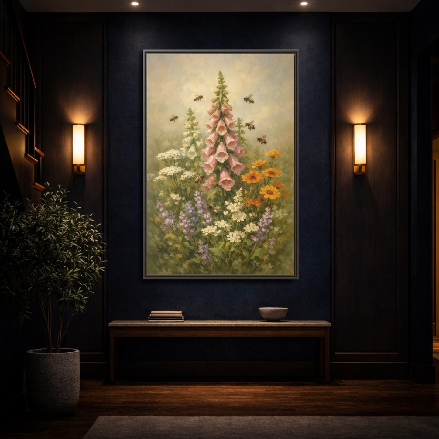Mockup 3. Nature Foxglove, Bees Pink And Green Floral shown as stretched canvas wall art