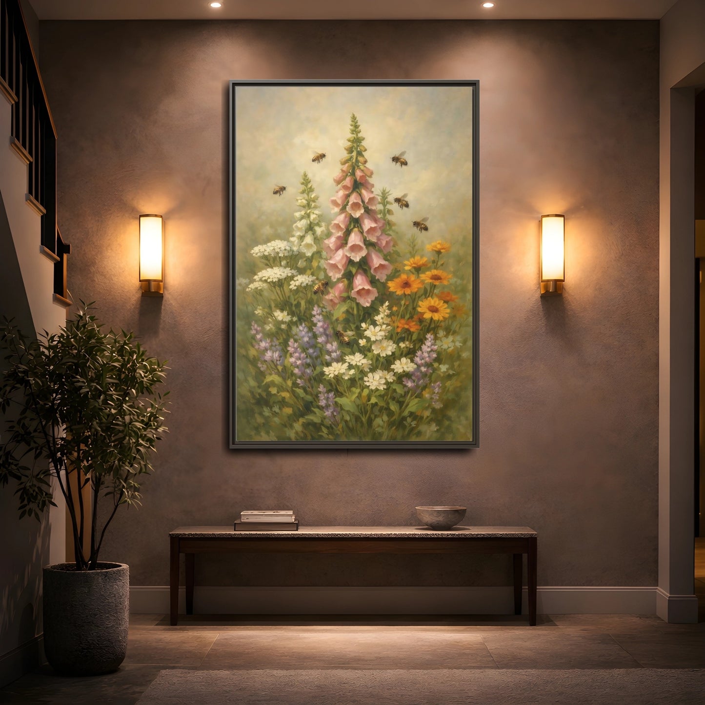 Mockup 4. Nature Foxglove, Bees Pink And Green Floral shown as stretched canvas wall art