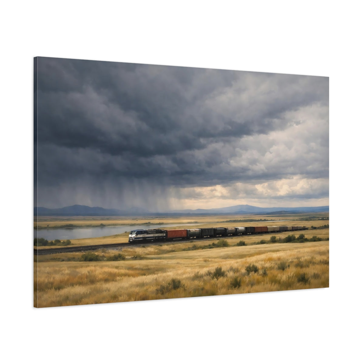Side Mockup 1. Nature Freight Train Stormy Landscape Train shown as stretched canvas wall art