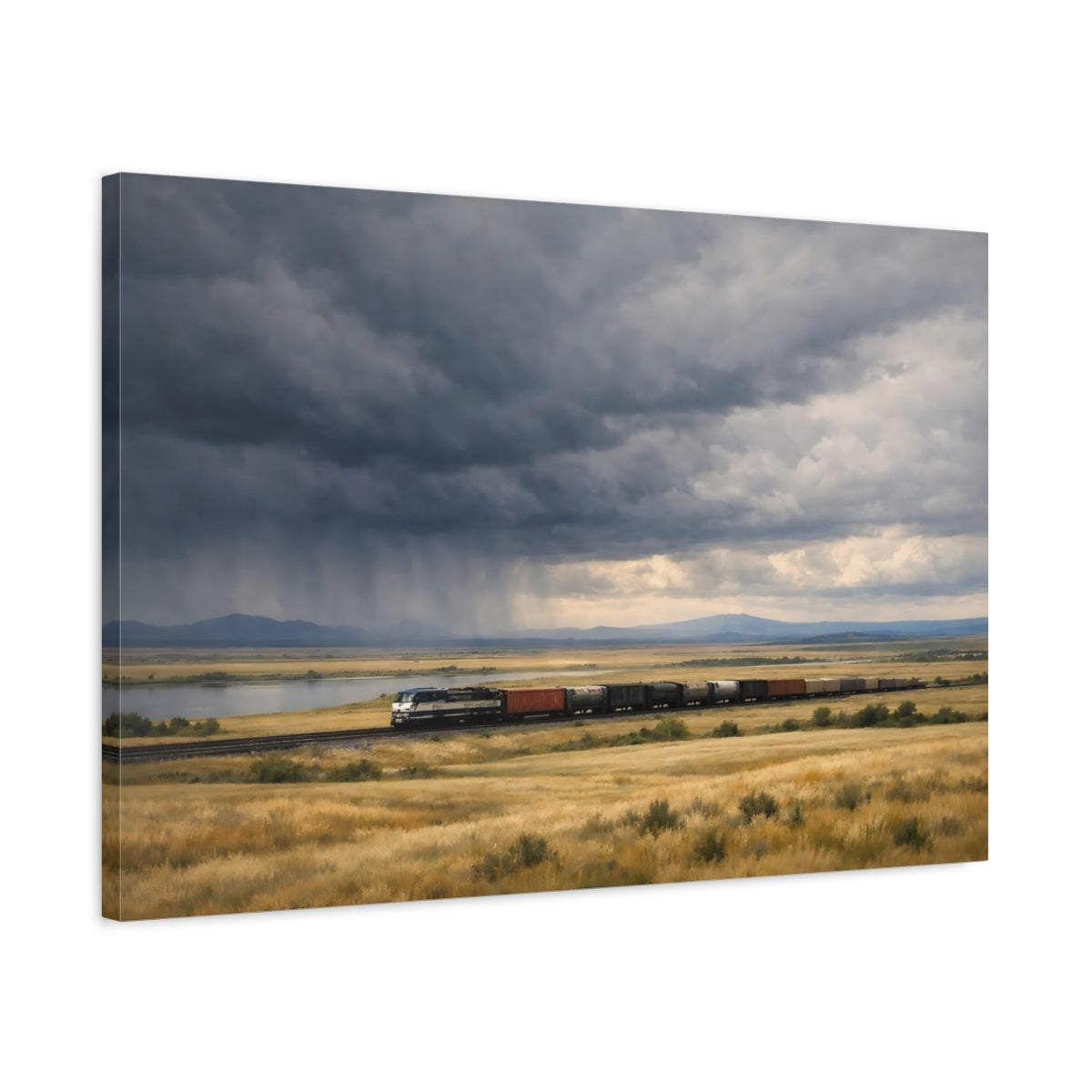 Side Mockup 2. Nature Freight Train Stormy Landscape Train shown as stretched canvas wall art