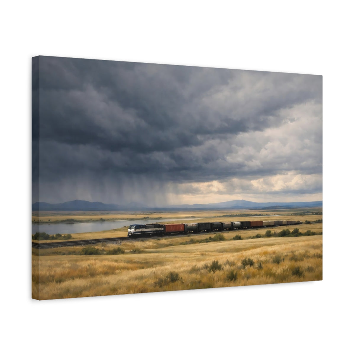 Side Mockup 3. Nature Freight Train Stormy Landscape Train shown as stretched canvas wall art
