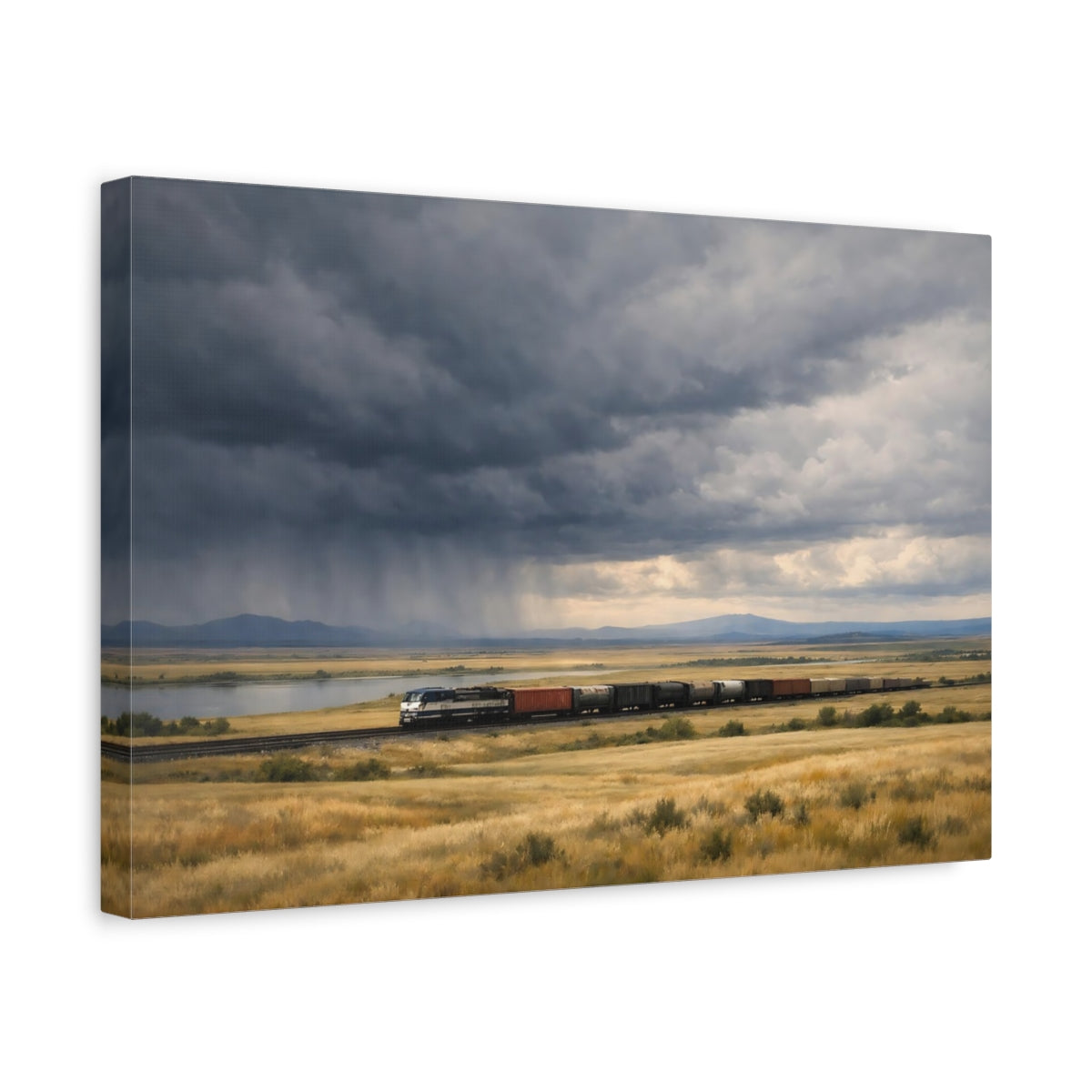 Side Mockup 4. Nature Freight Train Stormy Landscape Train shown as stretched canvas wall art