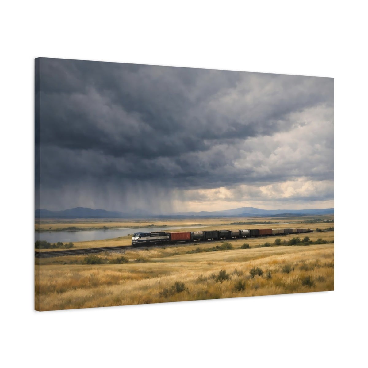 Main Mockup. Nature Freight Train Stormy Landscape Train shown as stretched canvas wall art