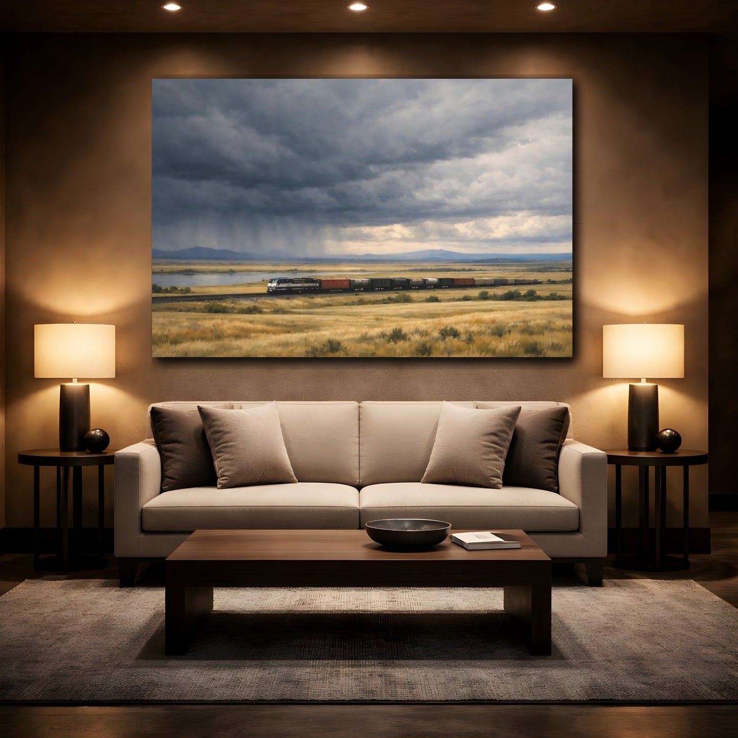 Mockup 2. Nature Freight Train Stormy Landscape Train shown as stretched canvas wall art