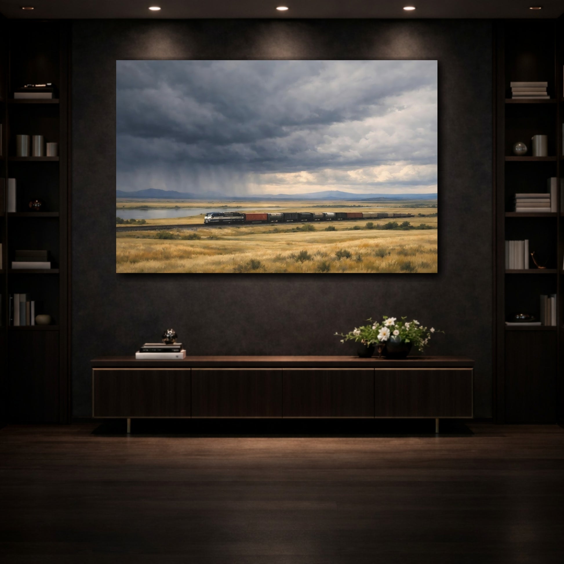Mockup 3. Nature Freight Train Stormy Landscape Train shown as stretched canvas wall art
