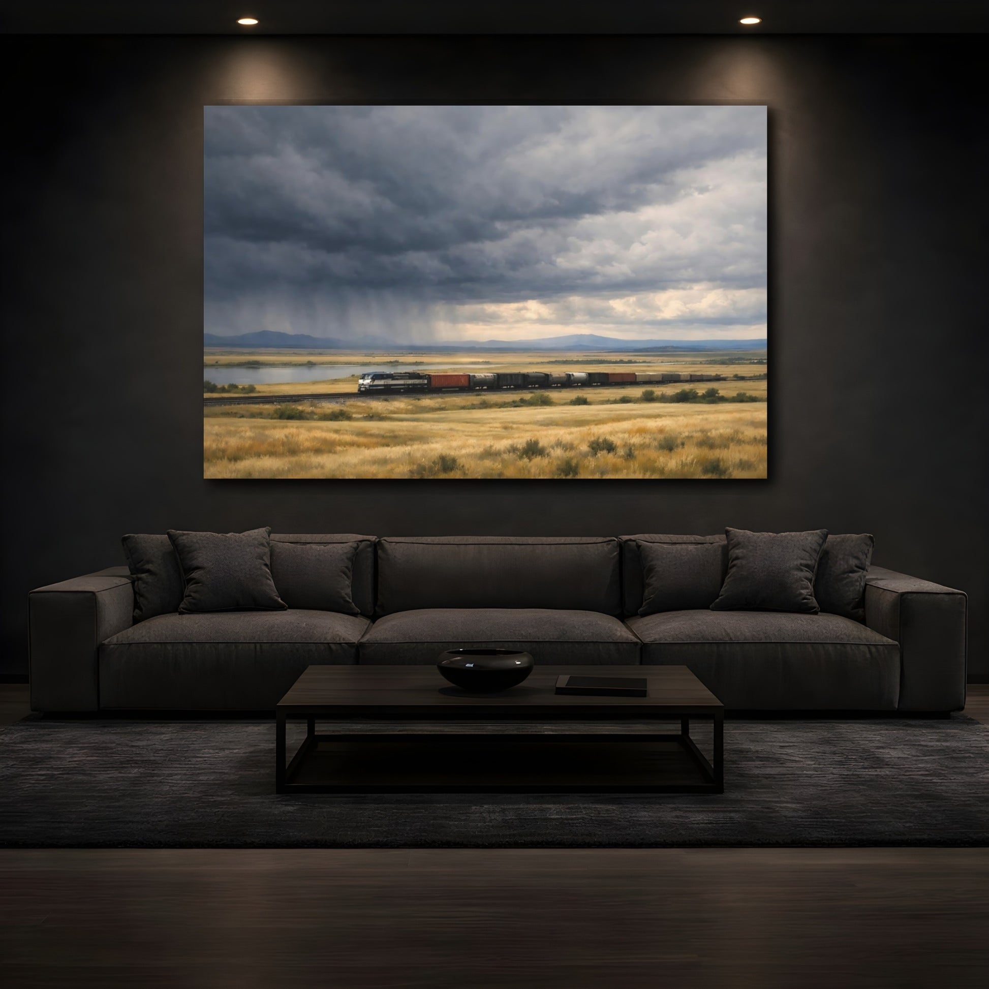 Mockup 4. Nature Freight Train Stormy Landscape Train shown as stretched canvas wall art