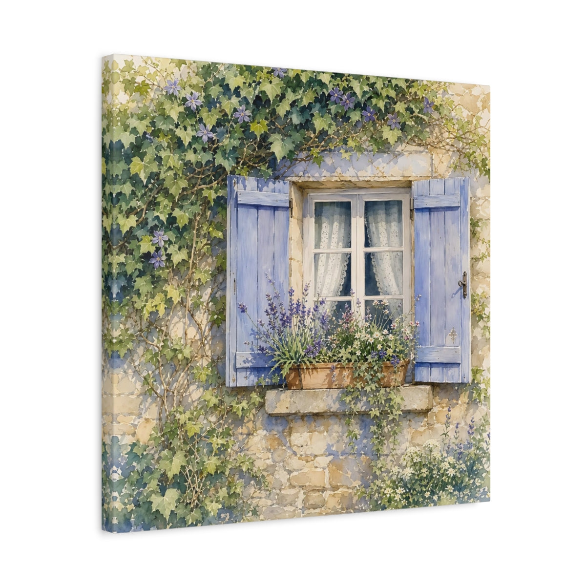 Side Mockup 5. Nature French Window Blue Window Lavender shown as stretched canvas wall art