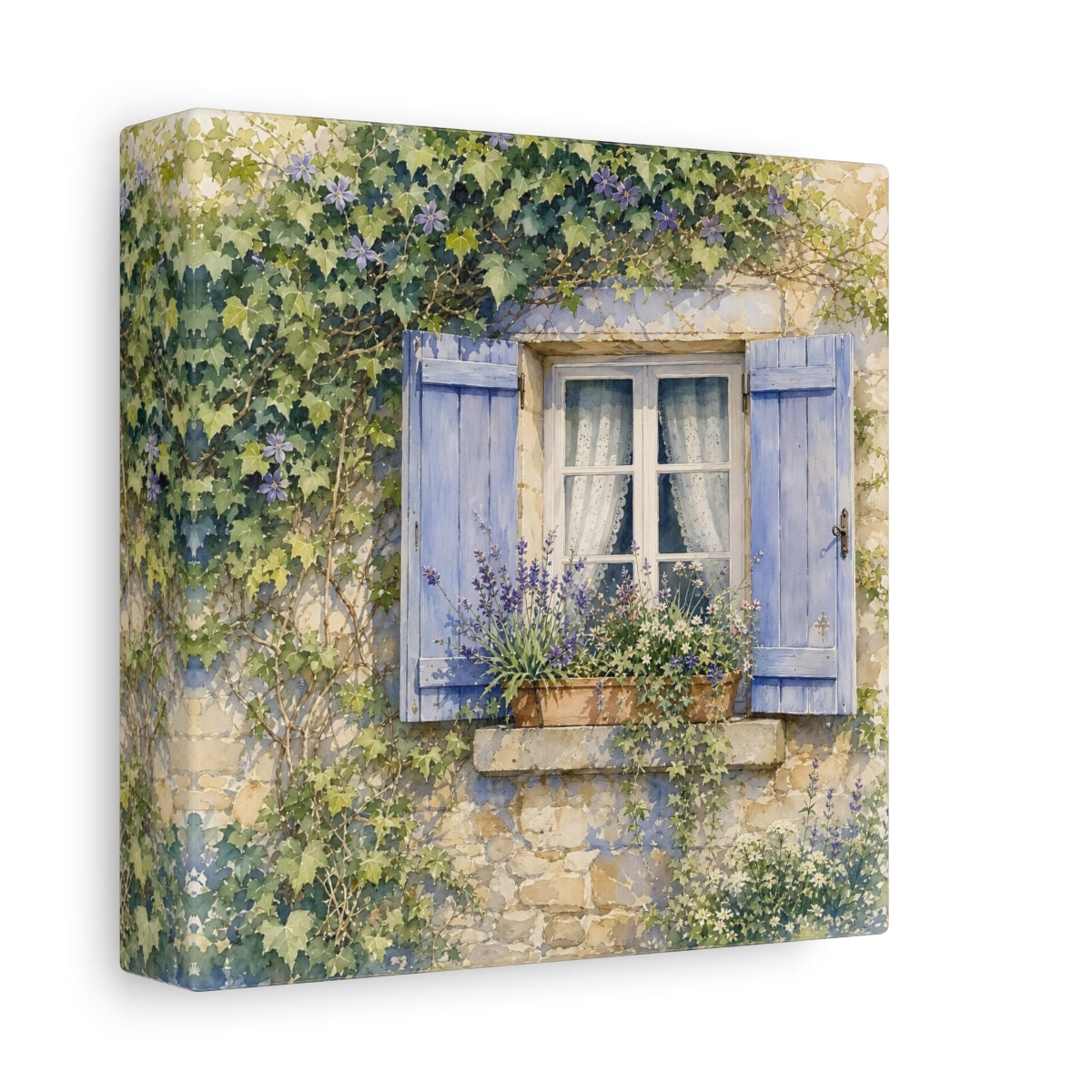 Side Mockup 2. Nature French Window Blue Window Lavender shown as stretched canvas wall art