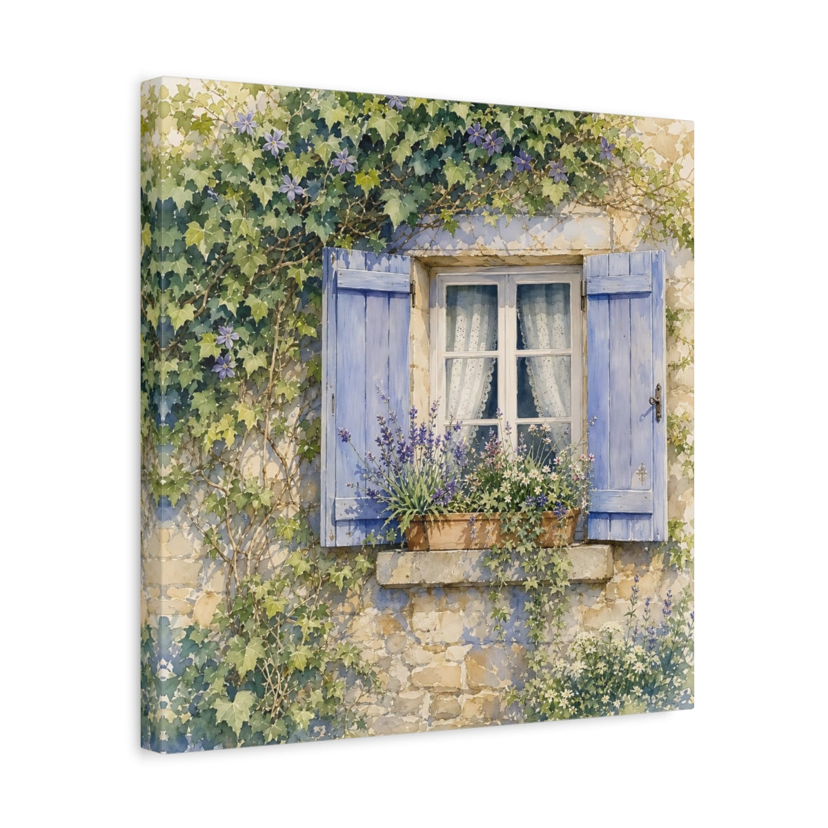 Side Mockup 6. Nature French Window Blue Window Lavender shown as stretched canvas wall art