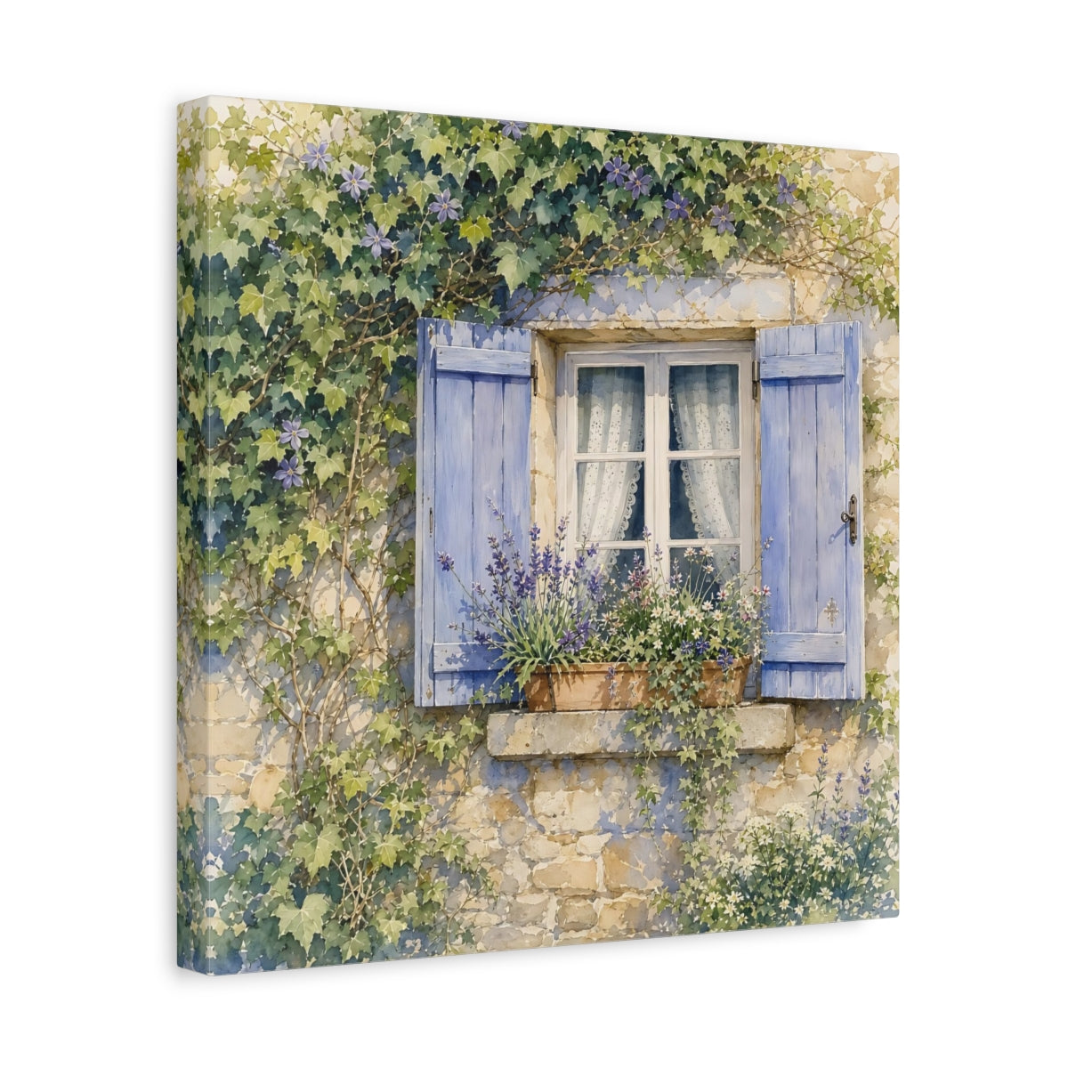 Side Mockup 7. Nature French Window Blue Window Lavender shown as stretched canvas wall art