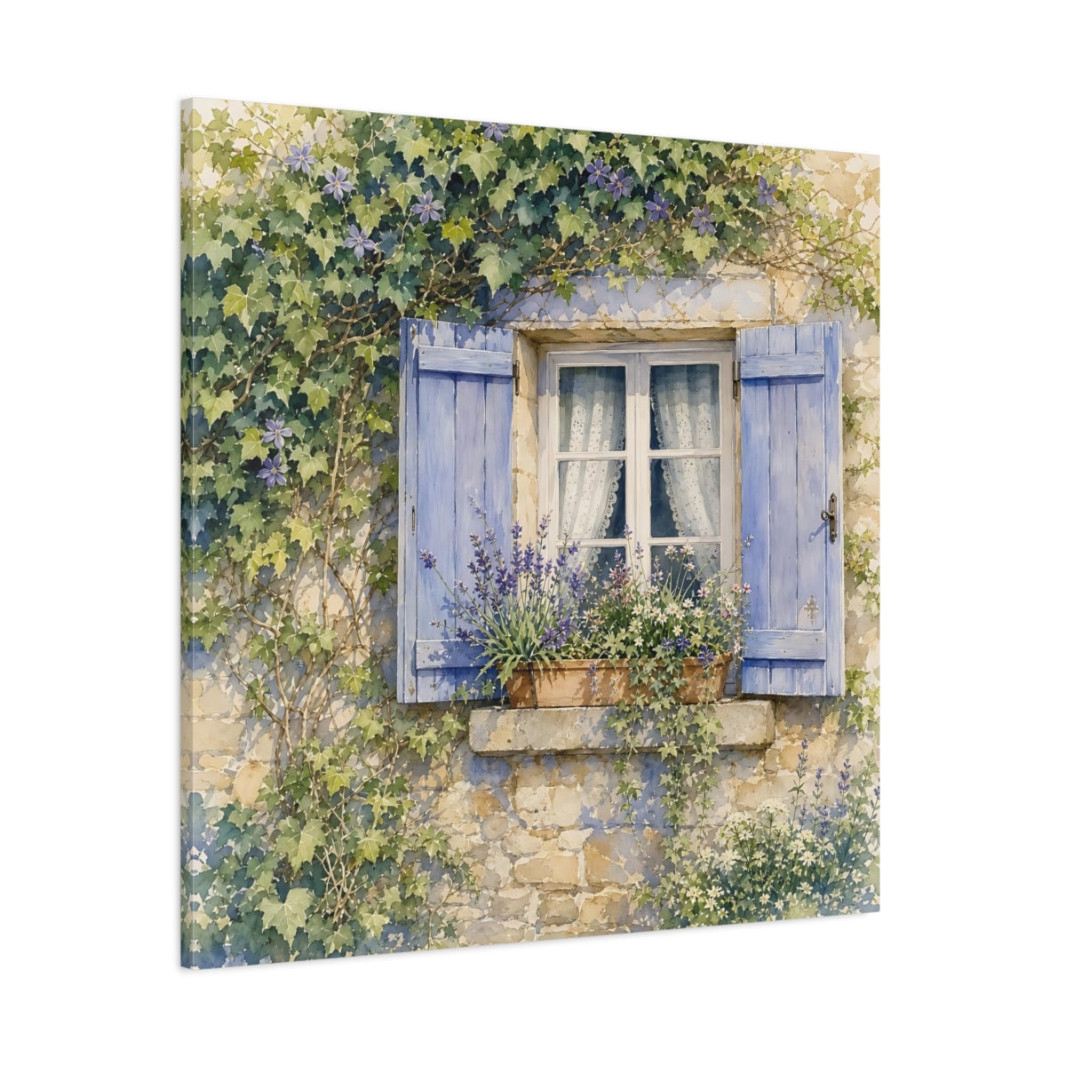 Side Mockup 1. Nature French Window Blue Window Lavender shown as stretched canvas wall art
