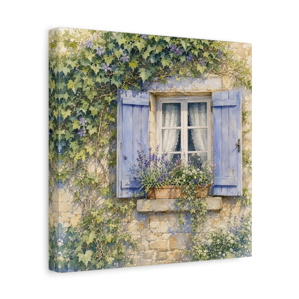 Side Mockup 8. Nature French Window Blue Window Lavender shown as stretched canvas wall art