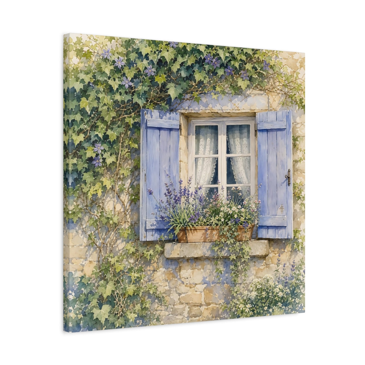 Side Mockup 4. Nature French Window Blue Window Lavender shown as stretched canvas wall art