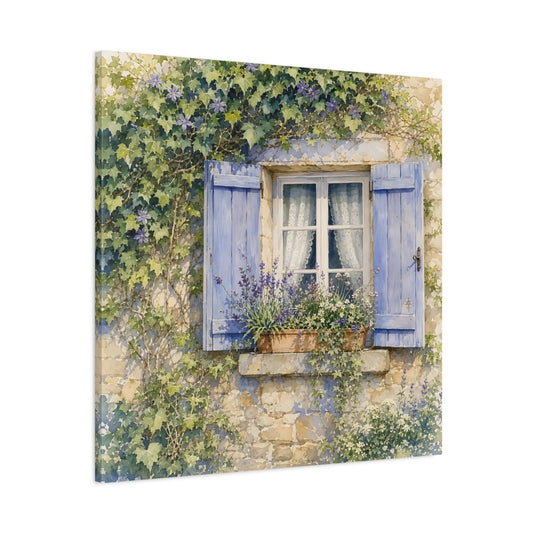 Main Mockup. Nature French Window Blue Window Lavender shown as stretched canvas wall art