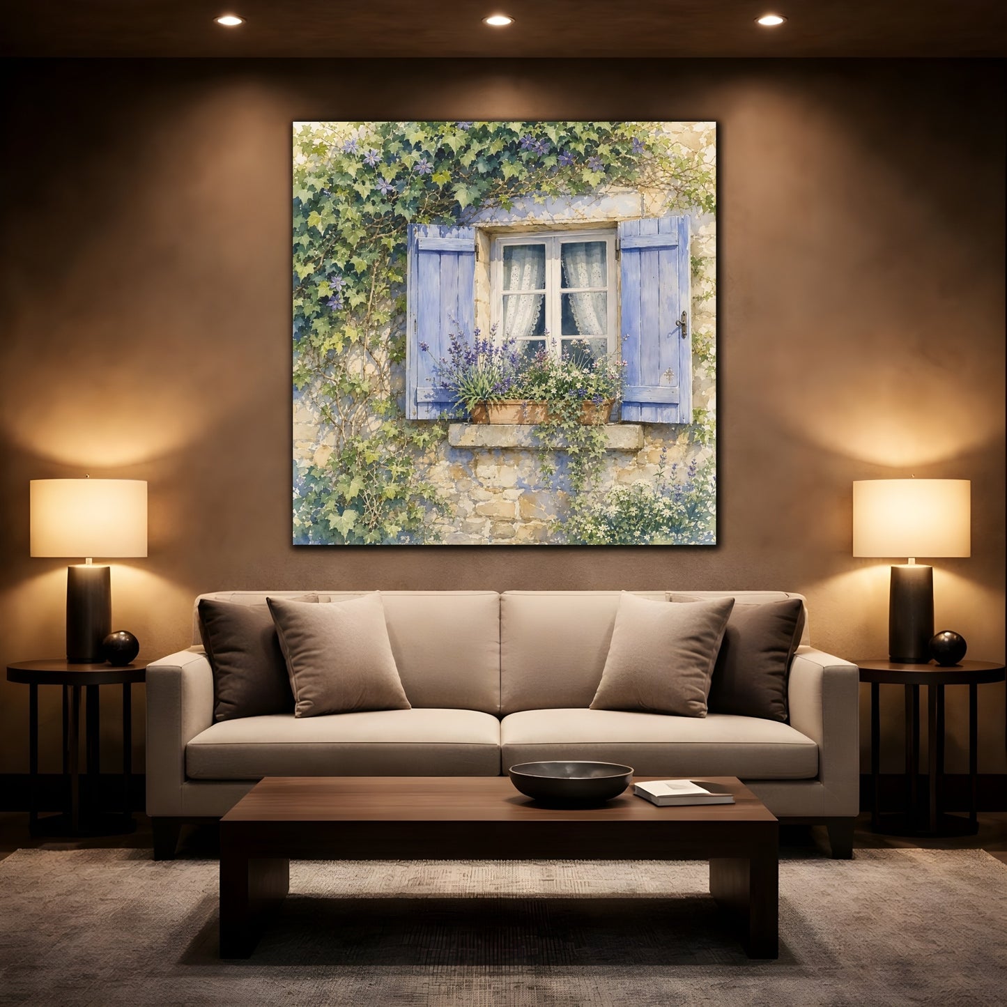 Mockup 2. Nature French Window Blue Window Lavender shown as stretched canvas wall art