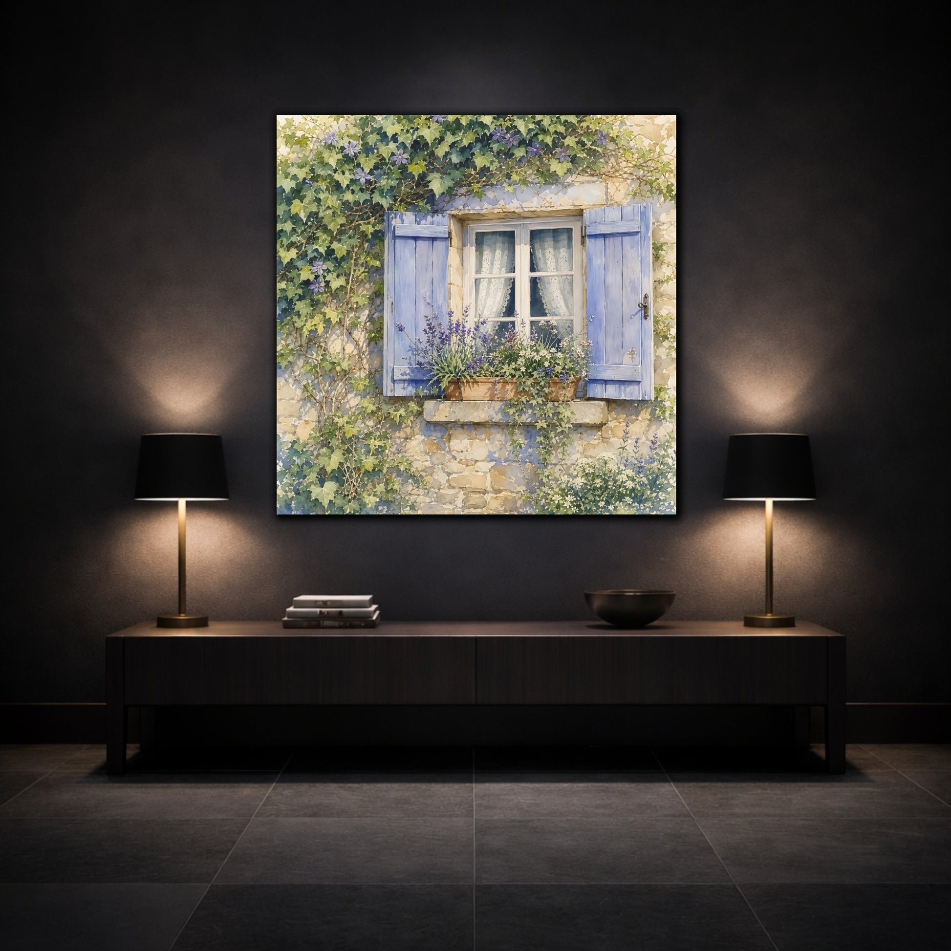 Mockup 3. Nature French Window Blue Window Lavender shown as stretched canvas wall art