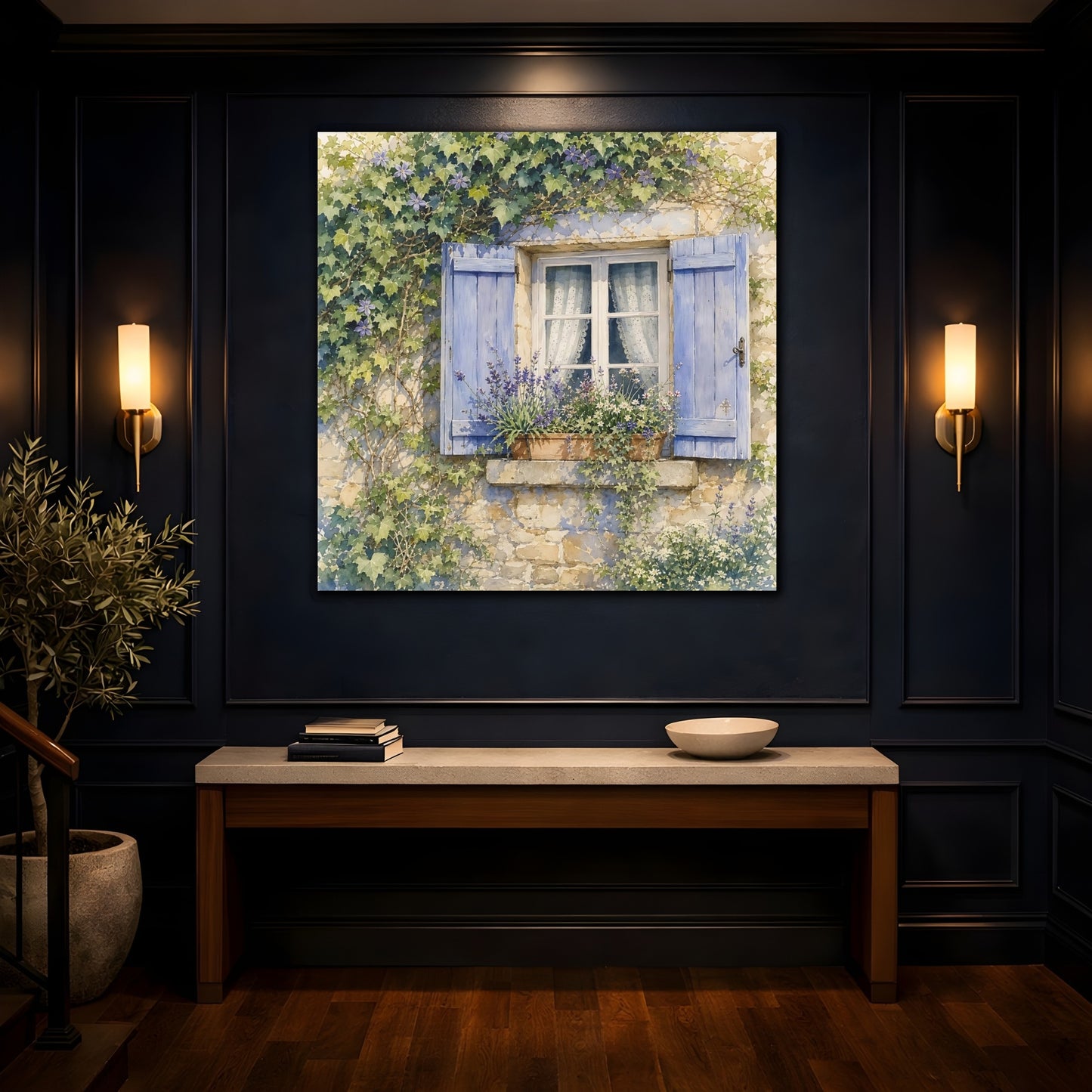 Mockup 4. Nature French Window Blue Window Lavender shown as stretched canvas wall art