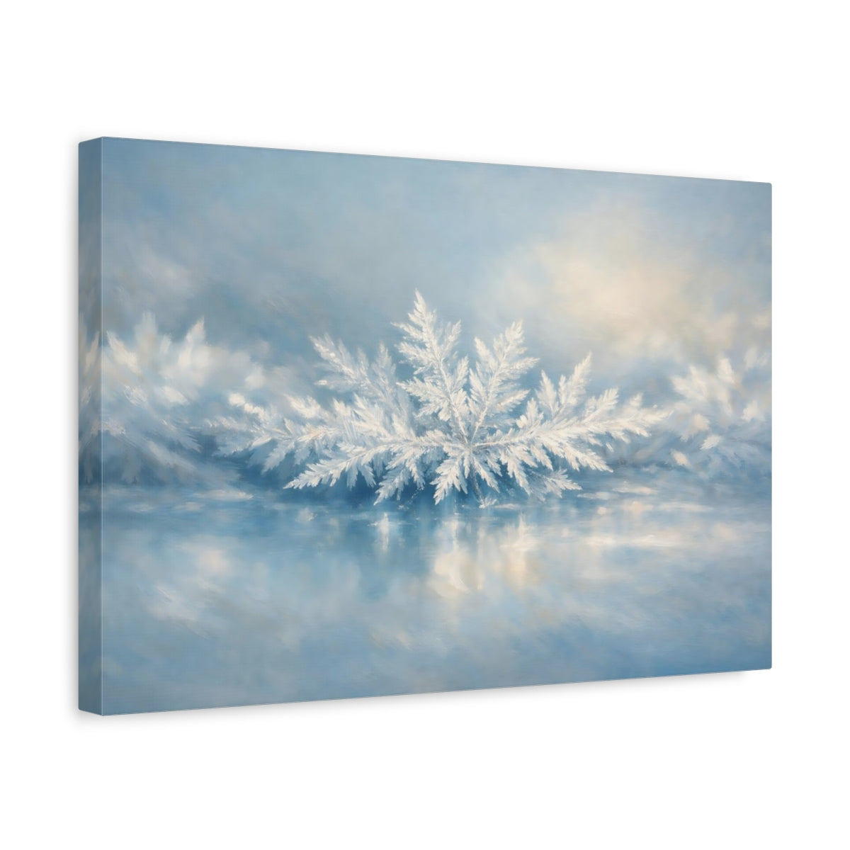 Side Mockup 4. Nature Frost Crystals Winter Blue shown as stretched canvas wall art