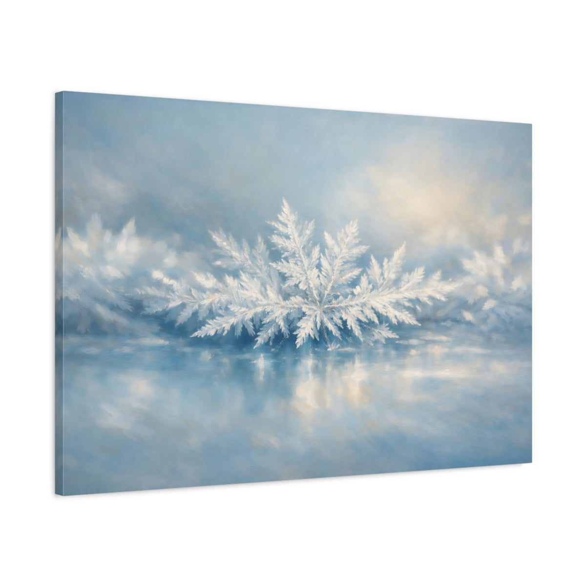 Side Mockup 1. Nature Frost Crystals Winter Blue shown as stretched canvas wall art