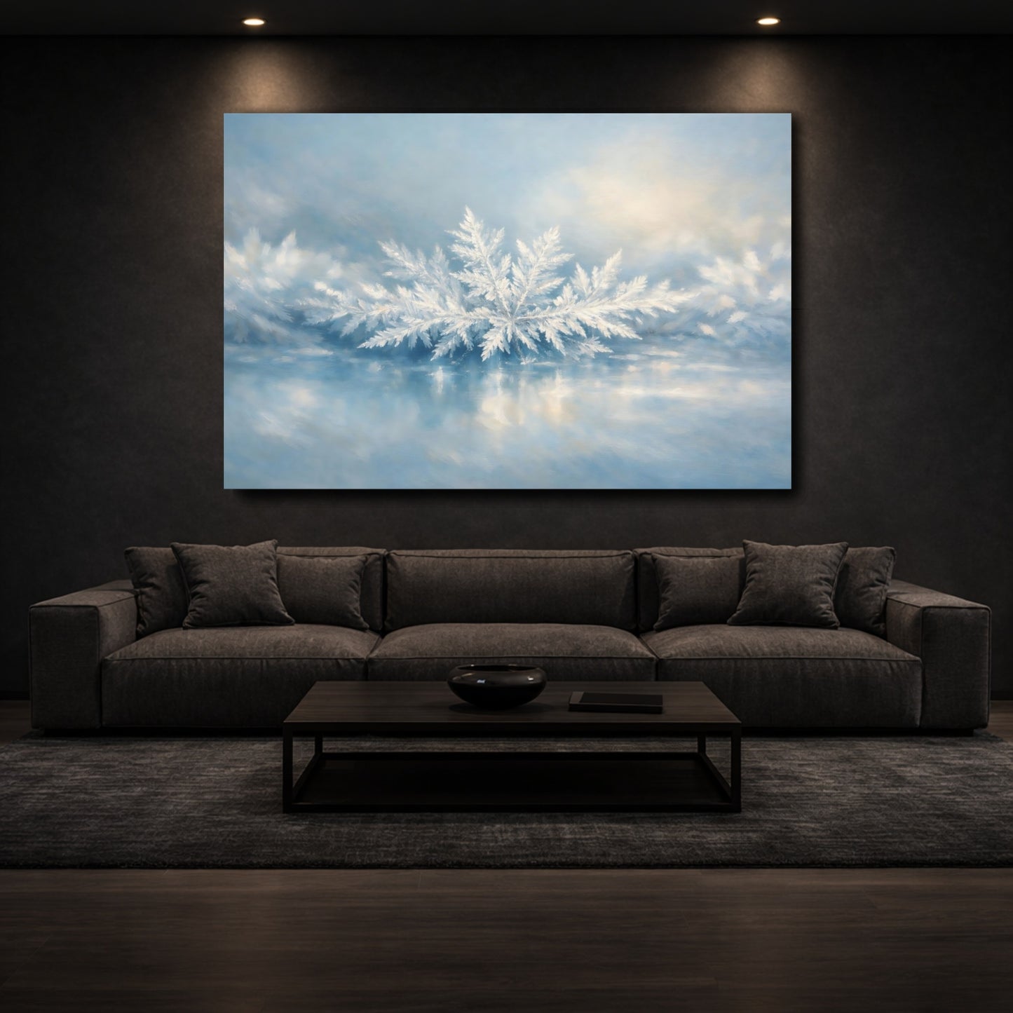 Mockup 2. Nature Frost Crystals Winter Blue shown as stretched canvas wall art