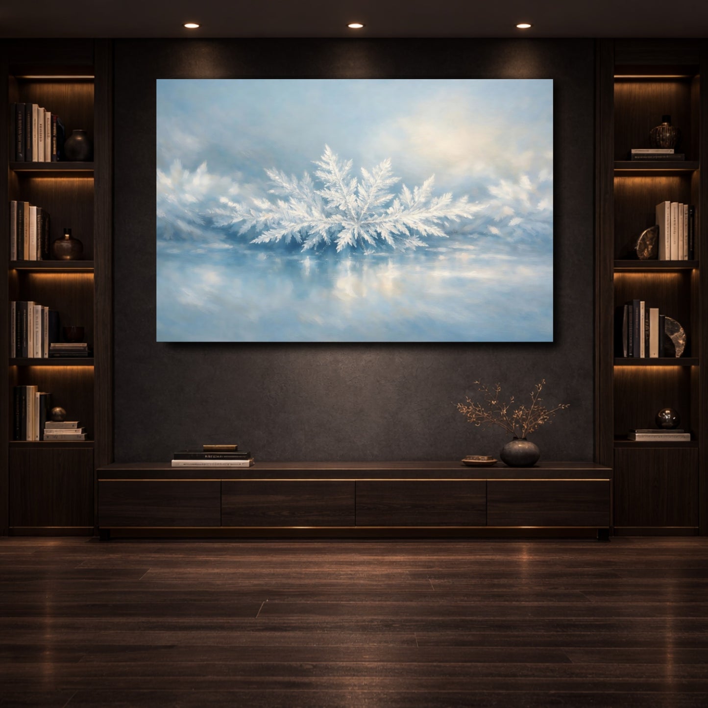 Mockup 3. Nature Frost Crystals Winter Blue shown as stretched canvas wall art
