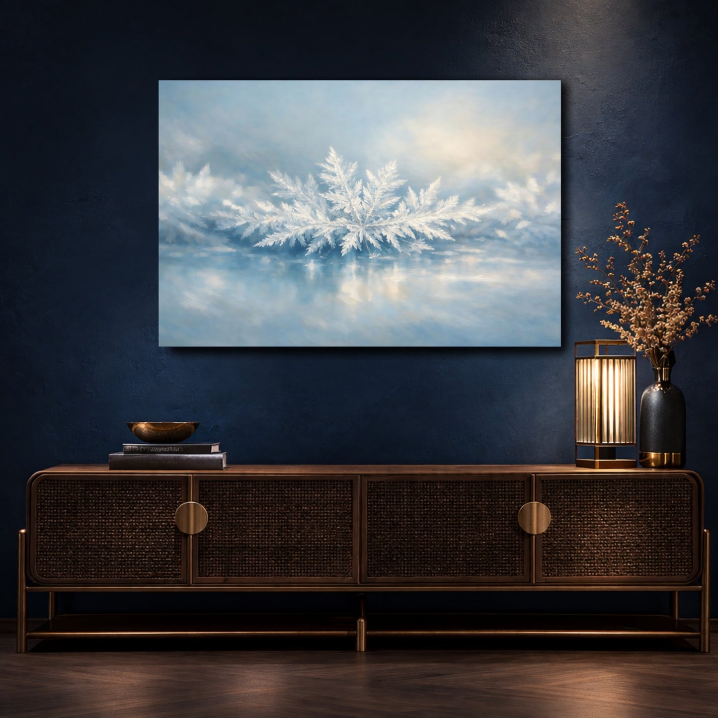 Mockup 4. Nature Frost Crystals Winter Blue shown as stretched canvas wall art