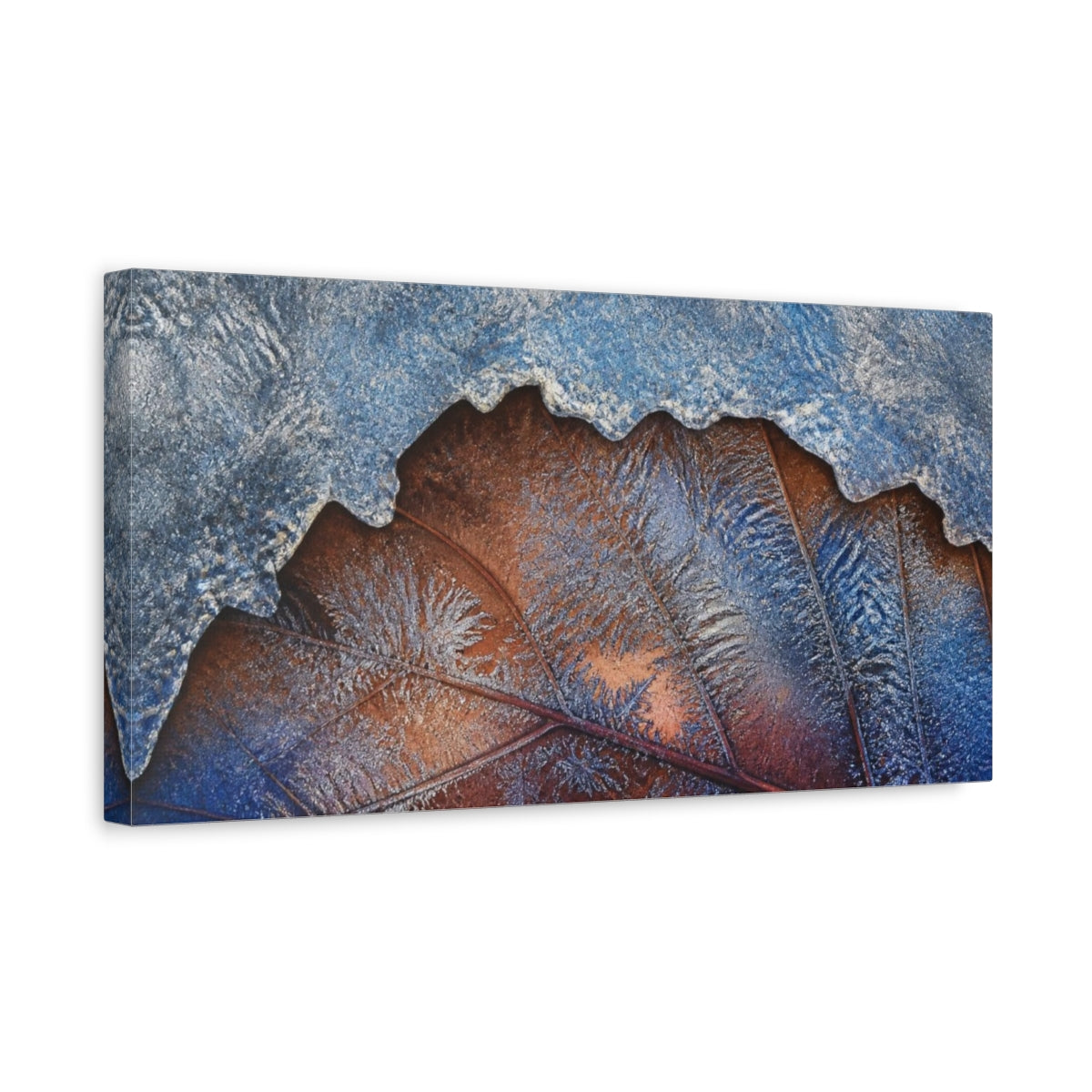 Side Mockup 3. Nature Frosted Leaf shown as canvas print