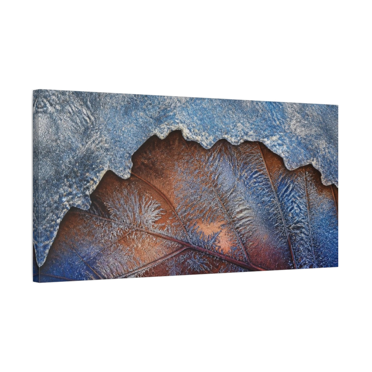 Side Mockup 1. Nature Frosted Leaf shown as canvas print